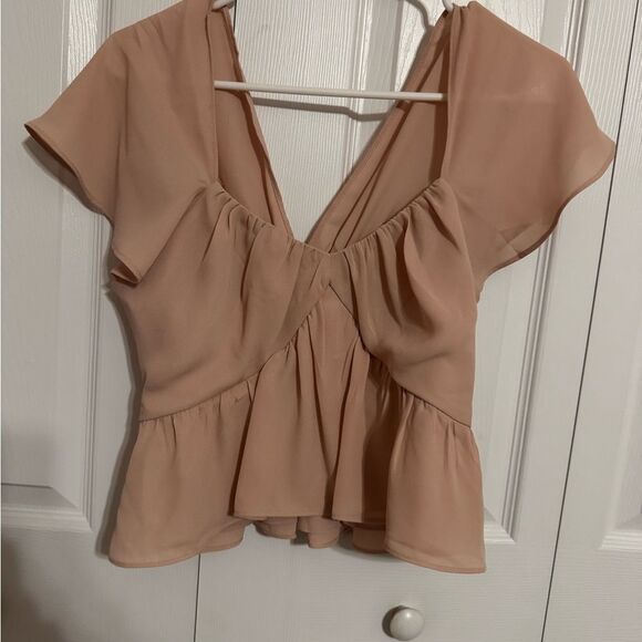 Express Pink Flutter Sleeve Peplum Blouse | Ruched Front | Small - Picture 2 of 4